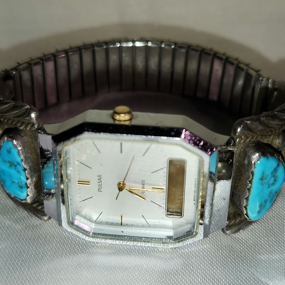 Pulsar 925 Silver, Authentic Turquoise Vtg watch & Southwest Style Earrings - Picture 2 of 8